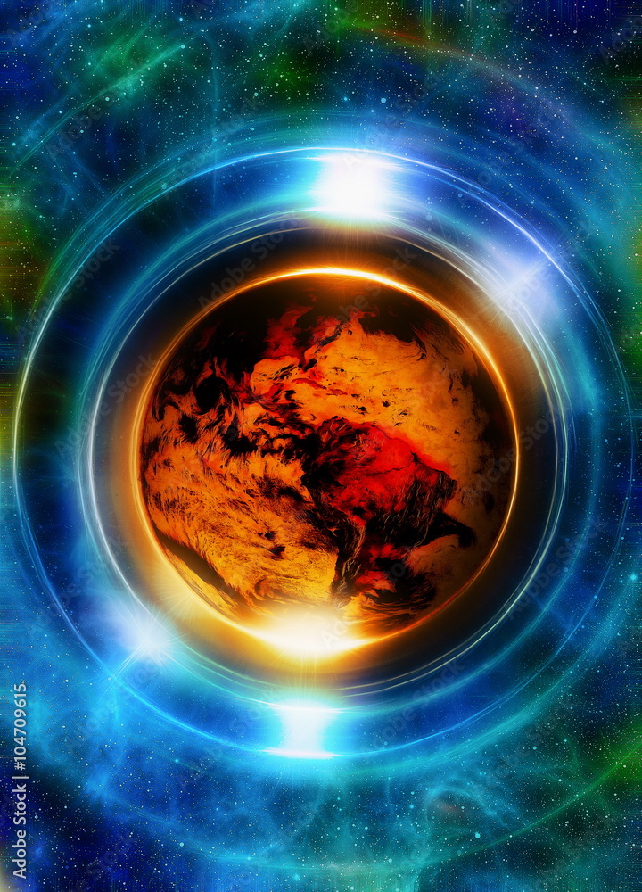 Poster Planet earth in light circle, Cosmic Space background. Computer collage. Earth concept. Elements of this image furnished by NASA.