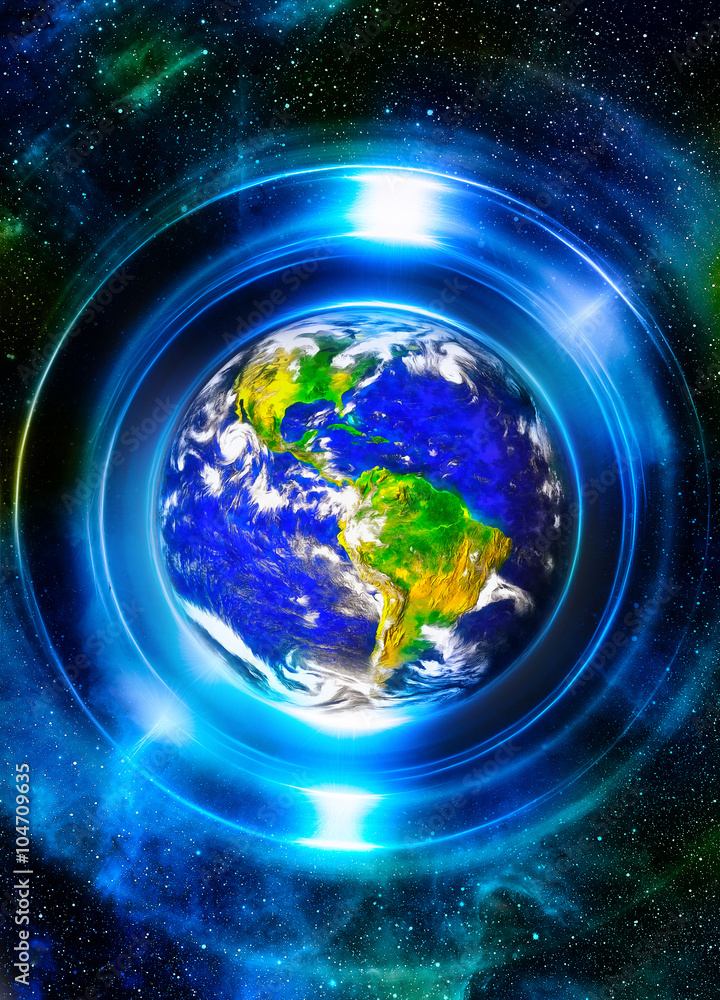 Poster planet earth in light circle, cosmic space background. computer collage. earth concept. elements of 
