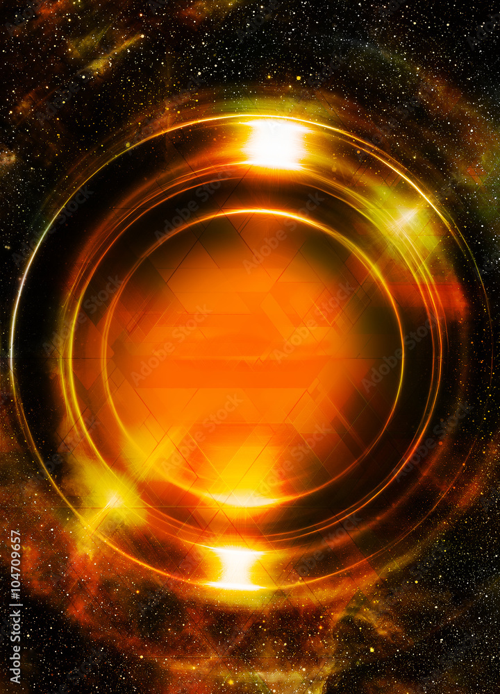 Poster Light circle and cosmic space. With light triangle structure. Copy space.
