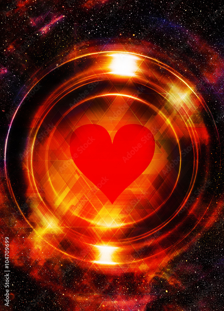 Poster Heart and cosmic space, with light circle.  With light triangle structure. Copy space.