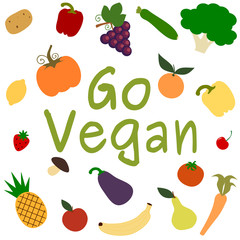 go vegan vector card background illustration with fruits and vegetables
