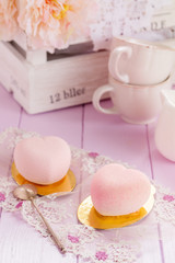 Heart shaped pastel pink chocolate mousse cakes