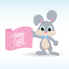 Cute easter bunny with Happy Easter greetings. Handwritten inscription Happy Easter. Happy Easter lettering. Happy Easter symbol. Vector illustration.