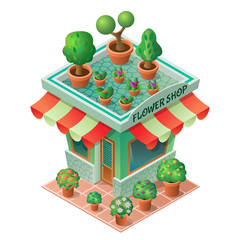 Flower shop building isolated icon in spring and summer  time. Isometric view. Vector illustration.