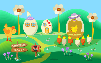 Chicken heaven village. Vector cartoon illustration of a funy Easter landscape..