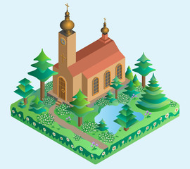 Church in spring time. Isometric view. Vector illustration.