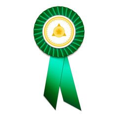 Green badge with green ribbons and gold signs