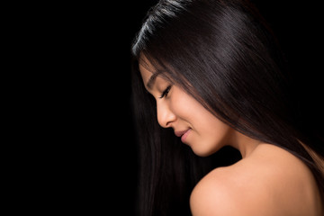 Close-up profile of asian lady in studio