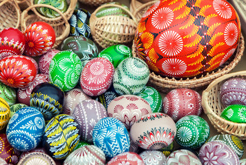Pile of colorful, decorated easter eggs