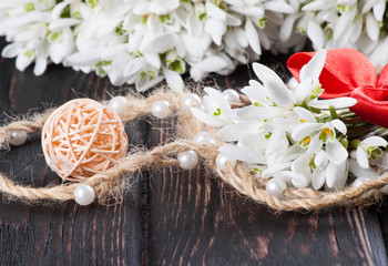 snowdrops bunch on wood
