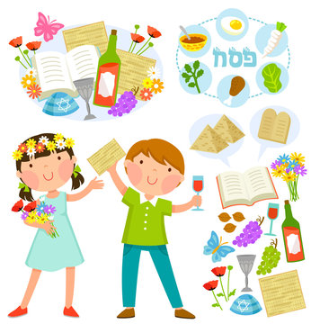set of Passover illustrations with kids and related symbols