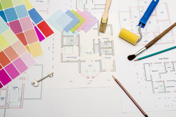 Paintbrush and accessories, work tools for repair to architectural drawing