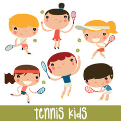 tennis kids set. cute flat vector characters.