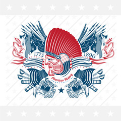 Indian head with flags and weapons around. American history style. Military background