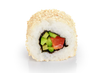 Sushi rolls with avocado, salmon and sesame seeds.