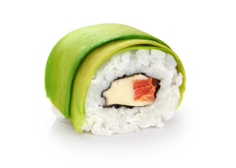 Sushi rolls with avocado, salmon and philadelphia cheese.