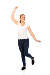 Young woman with hand up