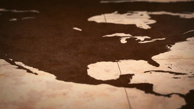 Old paper World Map, Macro, North America, USA.