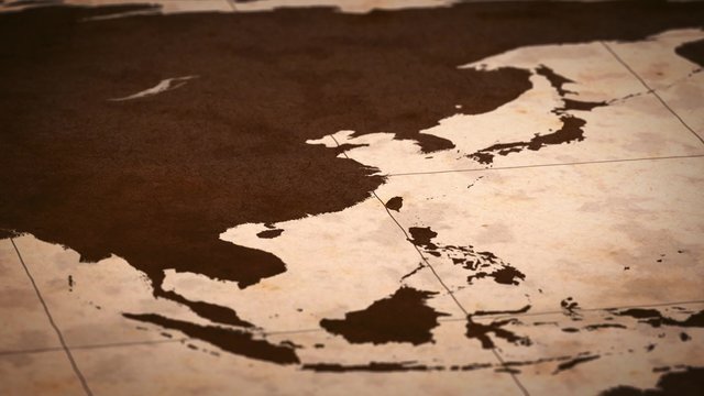Old paper World Map, Macro, East Asia.