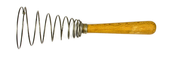 manual hand egg beater with wooden handle isolated on white / beaten egg / whisk or egg beater isolated on white / Egg Whisk / stainless steel whisk isolated on white background