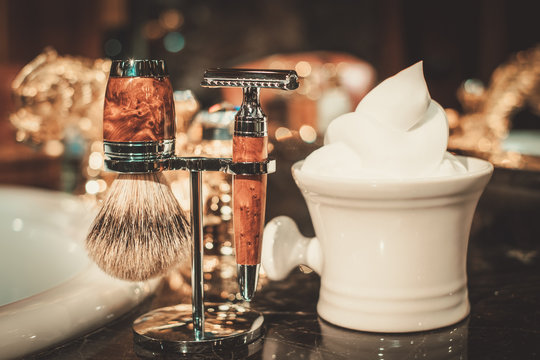 Shaving Accessories In A Luxury Bathroom Interior.