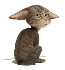 3D sad fluffy cat sits and looks at you