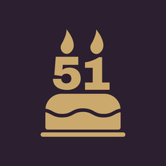 The birthday cake with candles in the form of number 51 icon. Birthday symbol. Flat