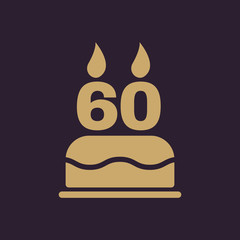 The birthday cake with candles in the form of number 60 icon. Birthday symbol. Flat