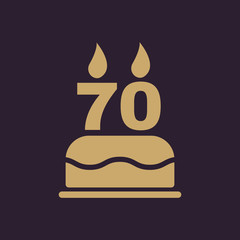 The birthday cake with candles in the form of number 70 icon. Birthday symbol. Flat