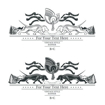 horn with ribbon and two dachshund opposite in forest hunting label or banner