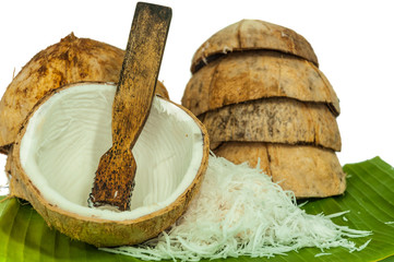 coconut with banana leaf use for candy, dessert,sweetmeat,sugarplum
