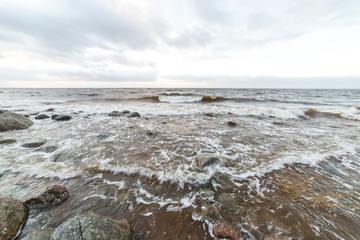 Storm large wave on the shore of the Baltic sea