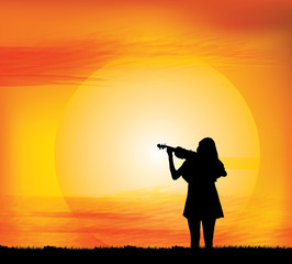 Silhouette of the girl play violin on a background sun