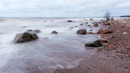 Storm large wave on the shore of the Baltic sea