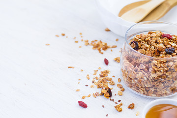 healthy breakfast. Granola on white background, space for text