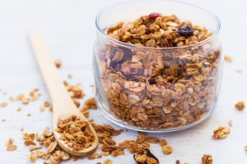 healthy breakfast. Freshly Granola on white background close-up,