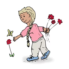 Poster Ingekleurde lijntekening van meisje met bloemen © emieldelange