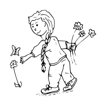 Kleurplaat van meisje dat bloemen plukt