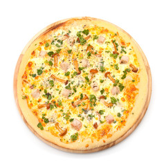 Pizza with chicken and mushrooms. Top view