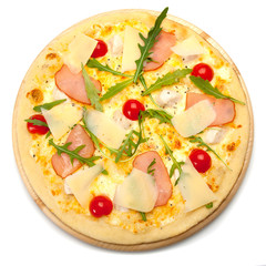 Pizza with chicken and ham. Top view.