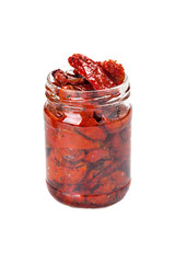 Ripe dried tomatoes in a transparent bowl.