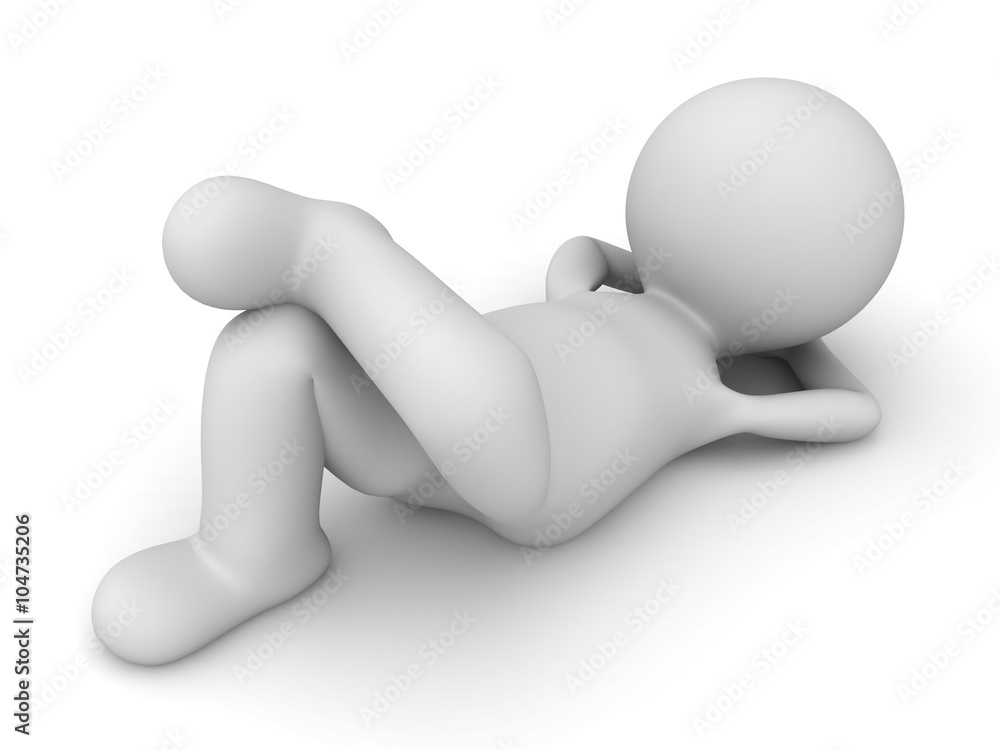 Poster 3d man lying down and thinking isolated on white floor background