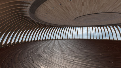 3D Render Of Empty Round hall with wood texture in sky background © mukem