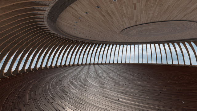 3D Render Of Empty Round hall with wood texture in sky background