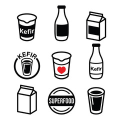 Kefir or kephir, fermented milk product, superfood icons set 