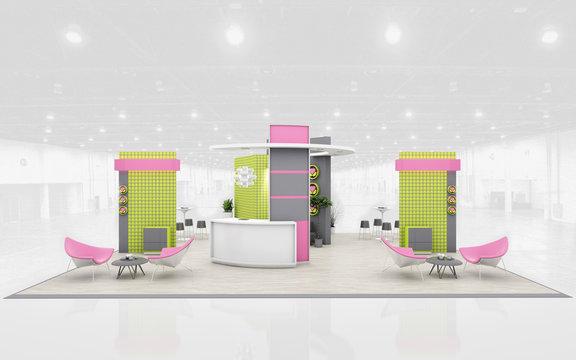 Exhibition Stand in Green and Pink colors  3d Rendering