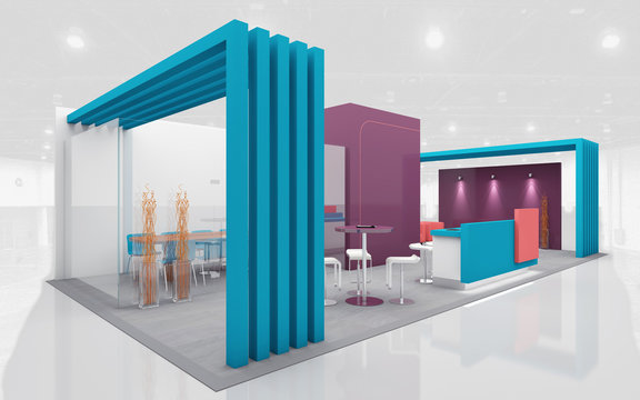 Exhibition Stand in Purple and Teal colors 3d Rendering