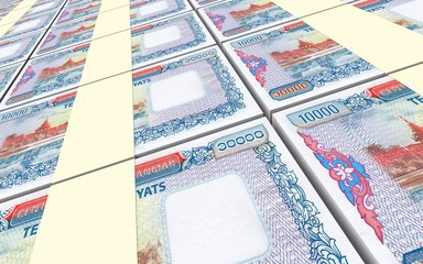 Myanmar kyat bills stacked background. Computer generated 3D photo rendering.