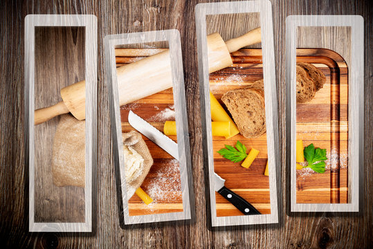 Bread baking set on wooden background