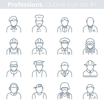 Thin line vector avatars group of professions people. Professions icons avatars set on white background. Premium quality icon collection. Suitable for infographics, web graphics, social networks.